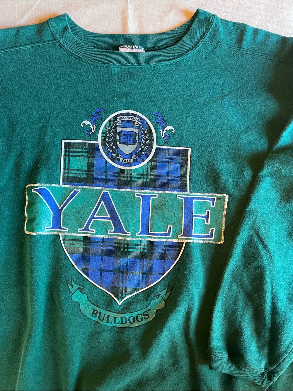 Vintage 90s Yale Bulldogs Plaid Crest Crewneck Sweatshirt Teal Green